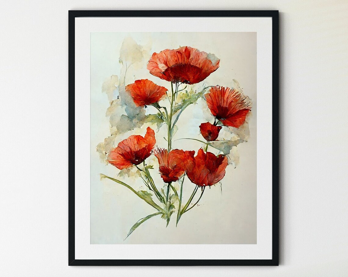 Red Poppy Flowers Buds Watercolor Floral Study Botanical Art Poster
