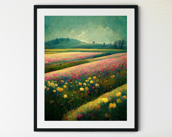 Pink and Yellow Wildflower Fields Stretching to the Horizon Poster