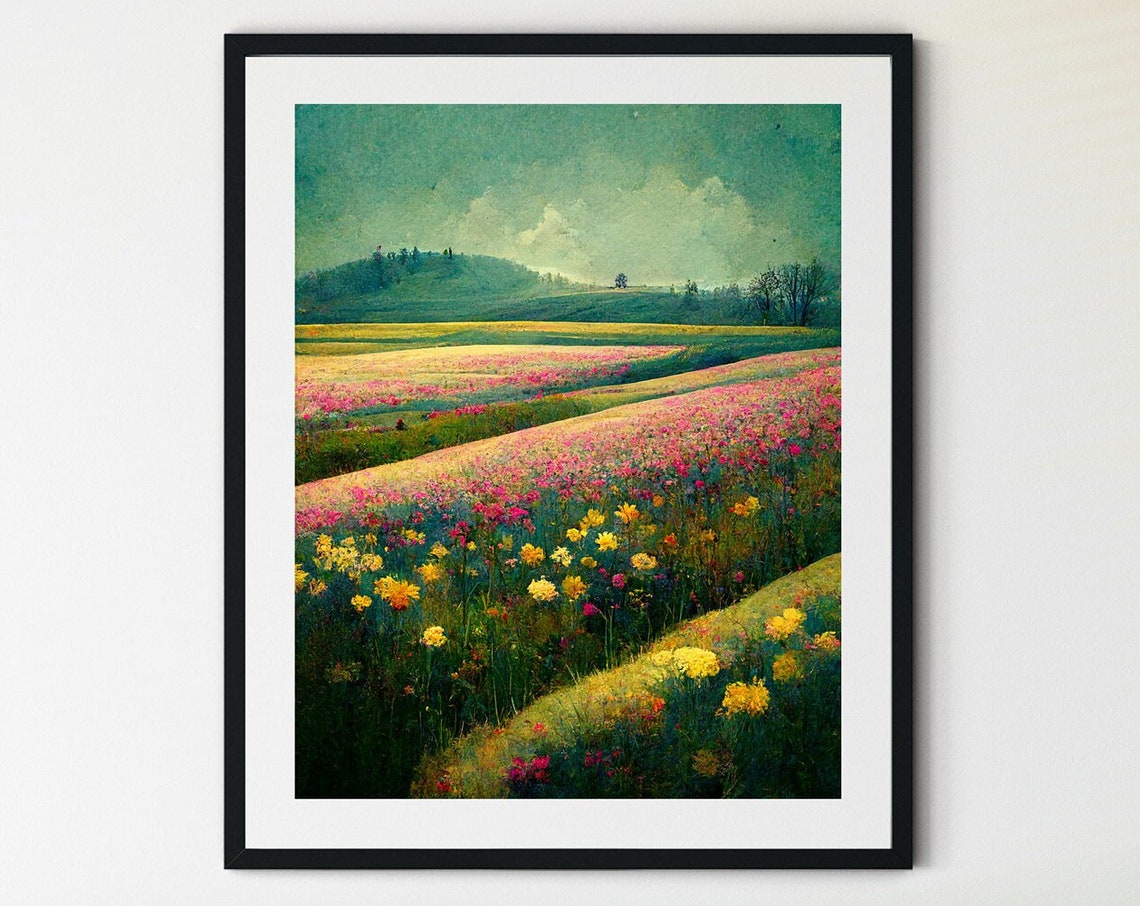 Pink and Yellow Wildflower Fields Stretching to the Horizon Poster