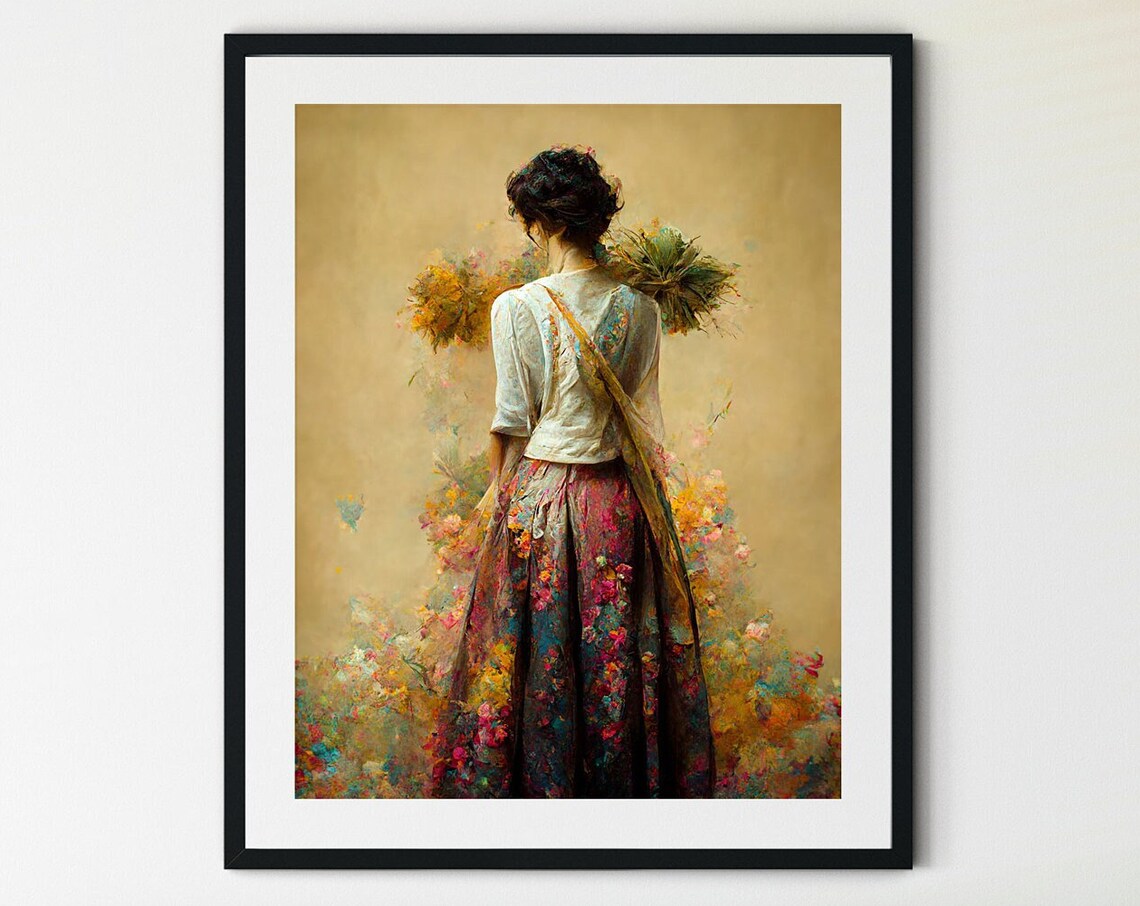 Woman with Wildflower Bouquet Watercolor Floral Portrait Poster