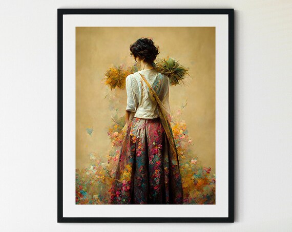 Woman with Wildflower Bouquet Watercolor Floral Portrait Poster