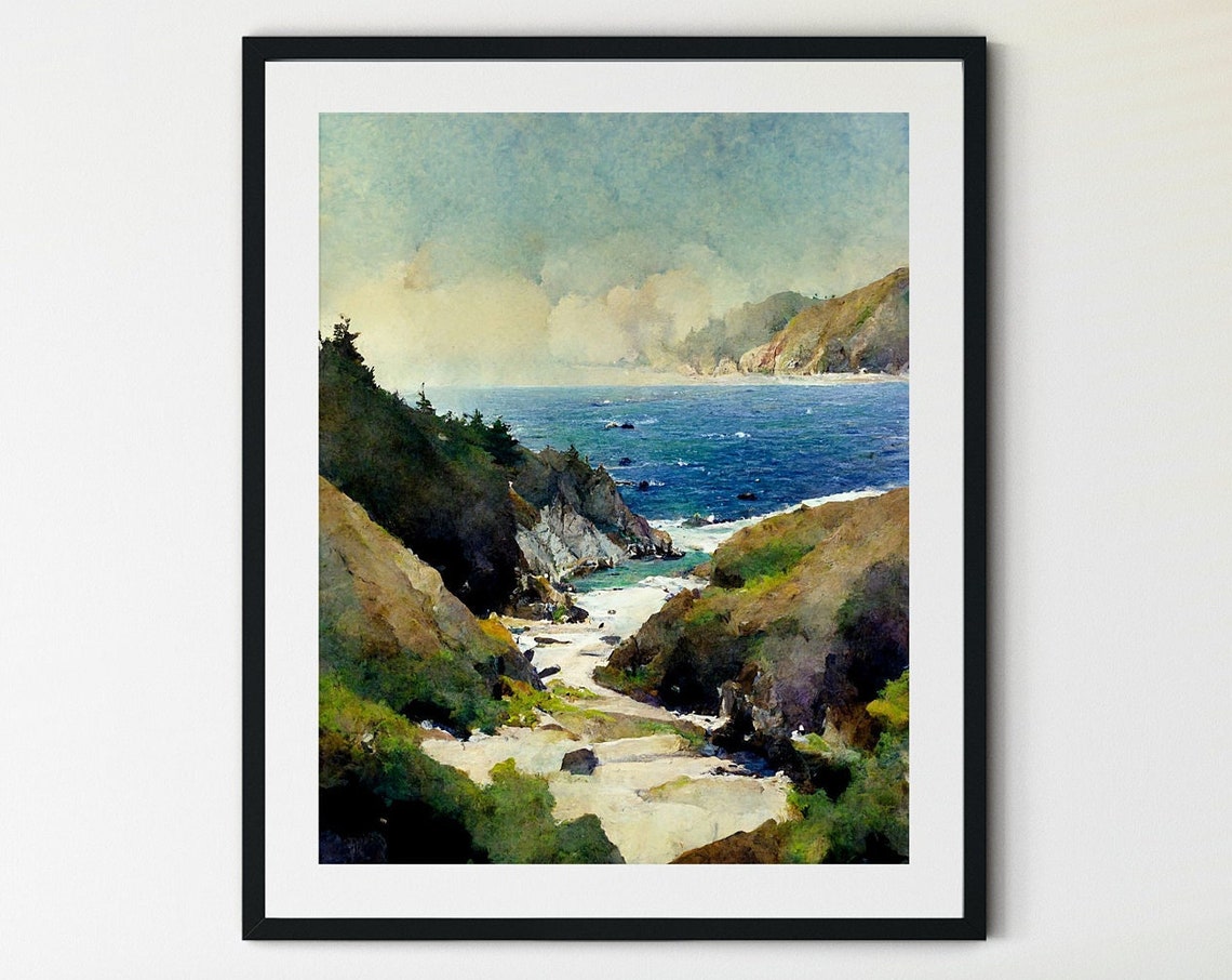 Sunlit Rocky Cove and Cliffs Above a Deep Blue Sea Watercolor Poster