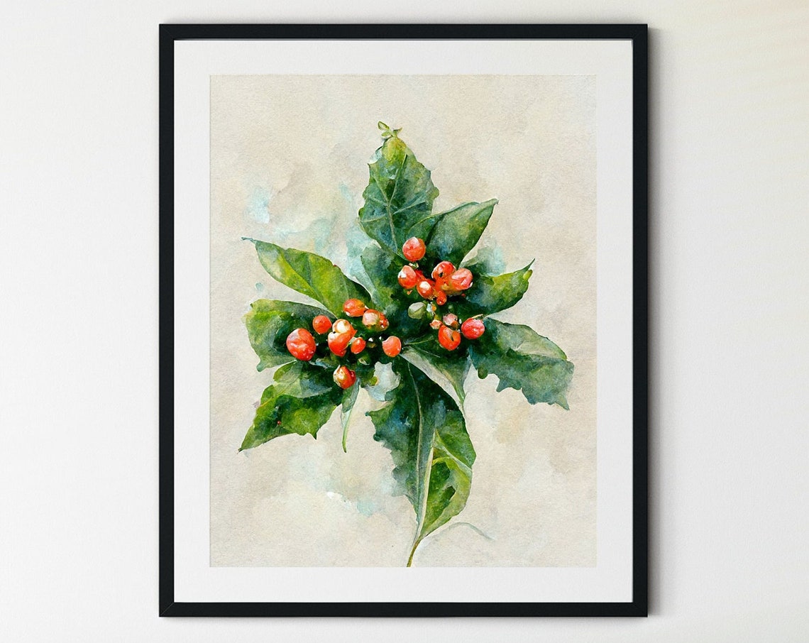 Red Berries and Green Holly Leaves Watercolor Botanical Art Poster