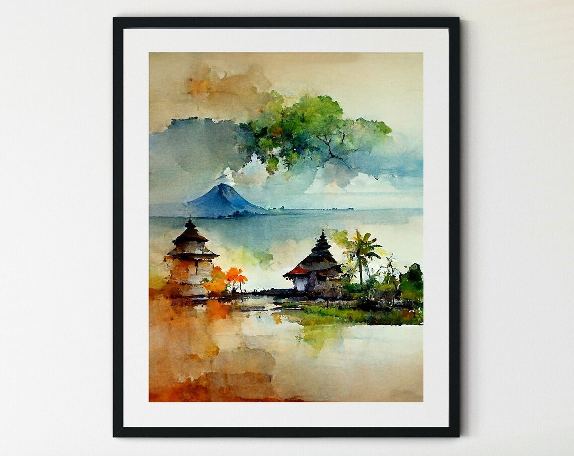Balinese Water Temple Lakeside Watercolor Travel Landscape Poster