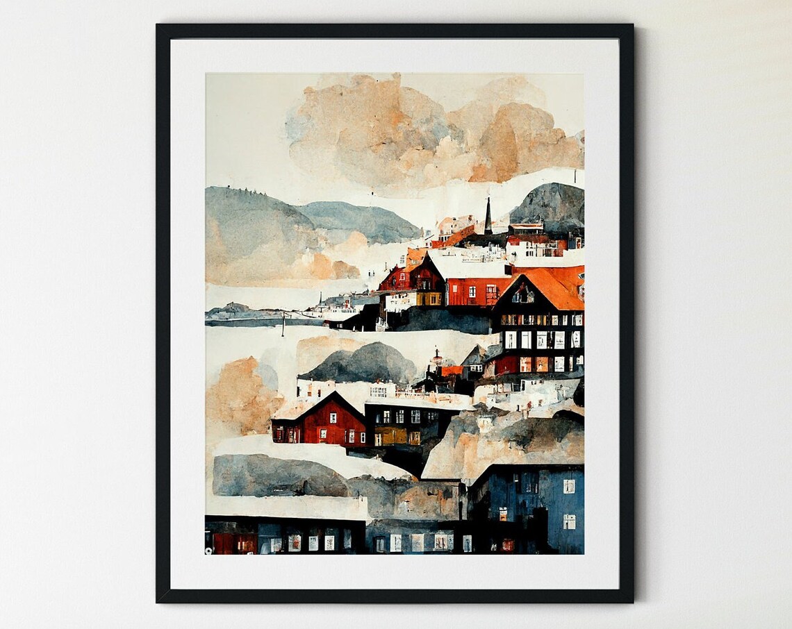 Bergen Norway Harbor Snowy Red Houses Watercolor Travel Poster