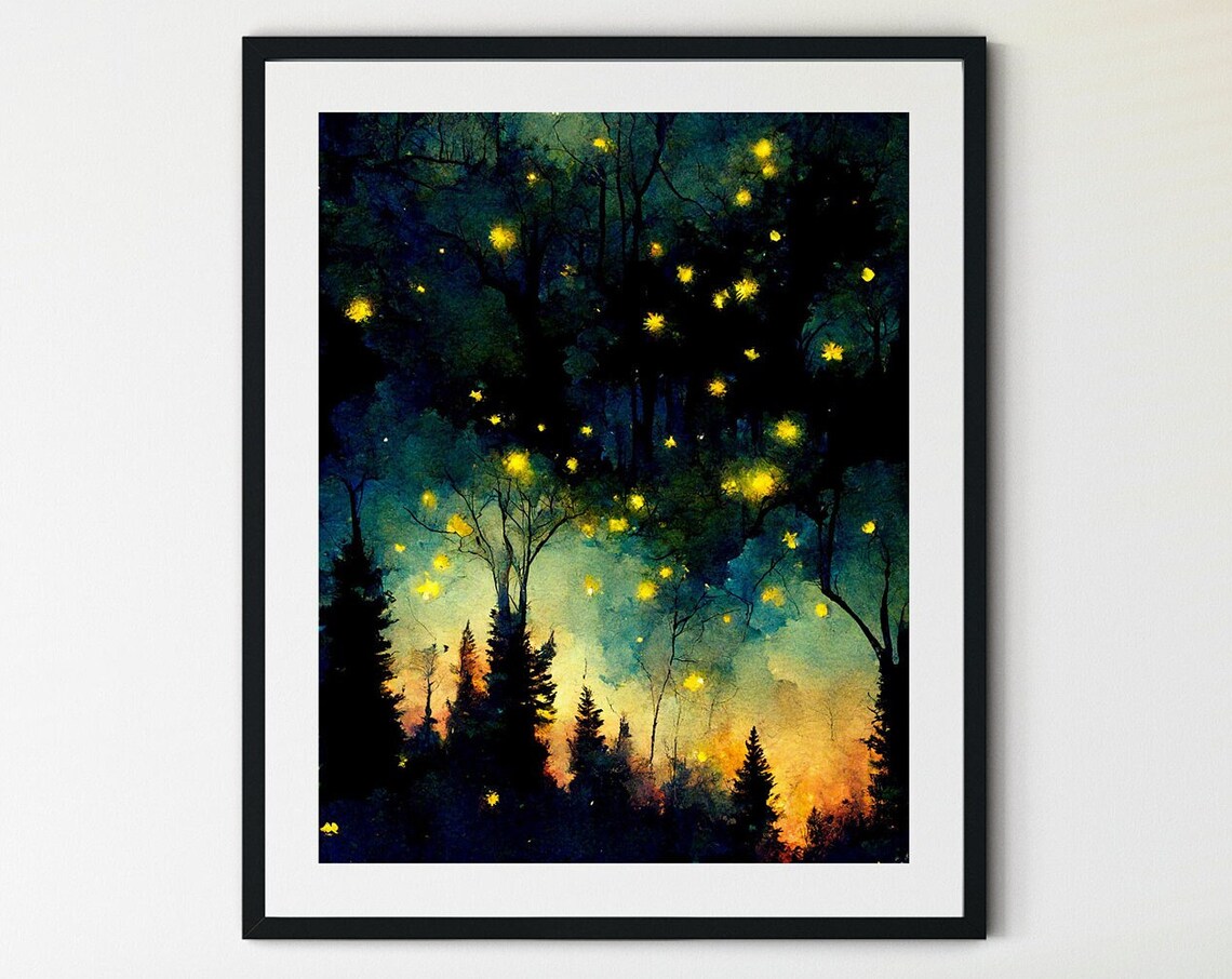 Firefly Night Sky Forest Art Print, Woodland Magic