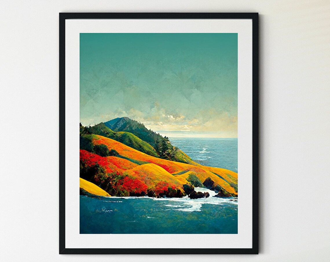 Big Sur Golden Cliffs Pacific Ocean Rolling Hills Coastal Landscape Print