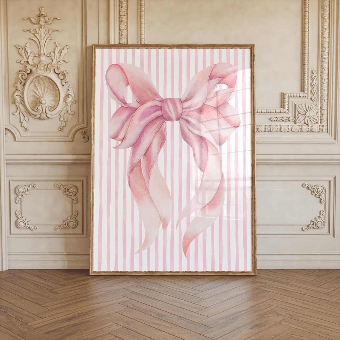 Pink Watercolor Bow On Pink Stripes Coquette Girl Room Wall Art - Image 2