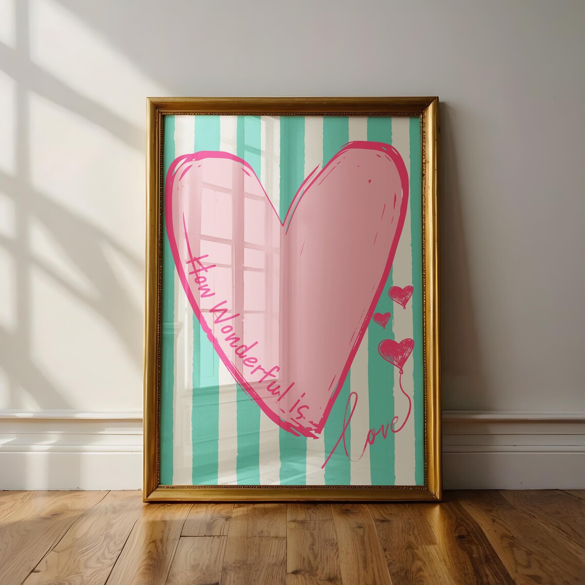 How Wonderful is Love Heart Print Pink Heart Striped Eclectic Wall Art - Image 3