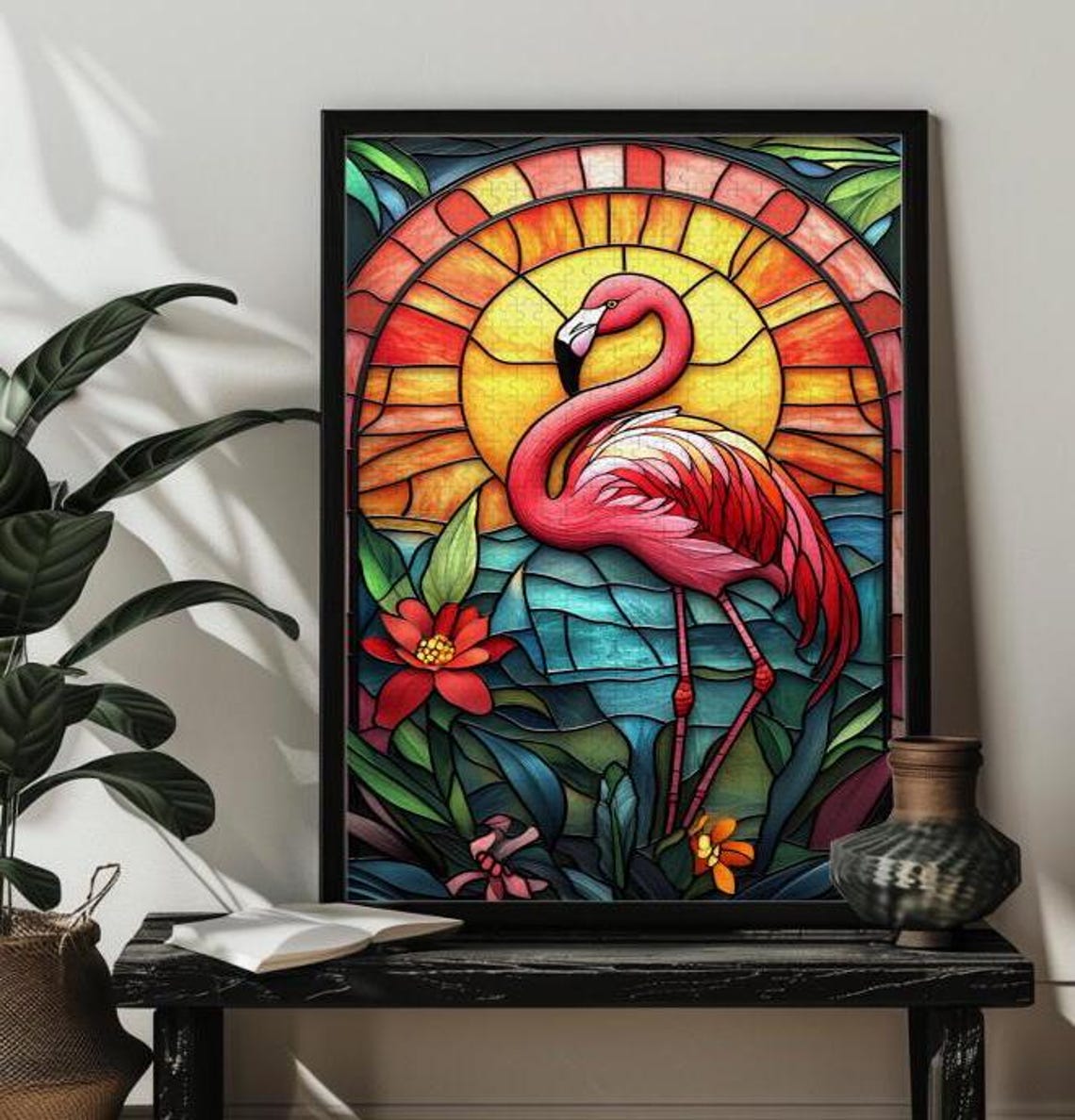 Stained Glass Flamingo Jungle Art Print