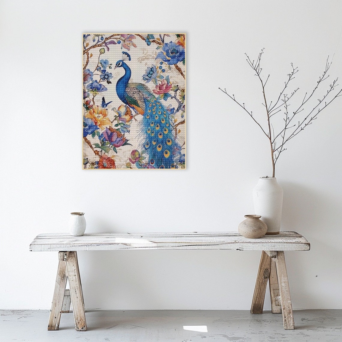 Regal Blue Peacock among Lush Colorful Botanical Flowers Poster