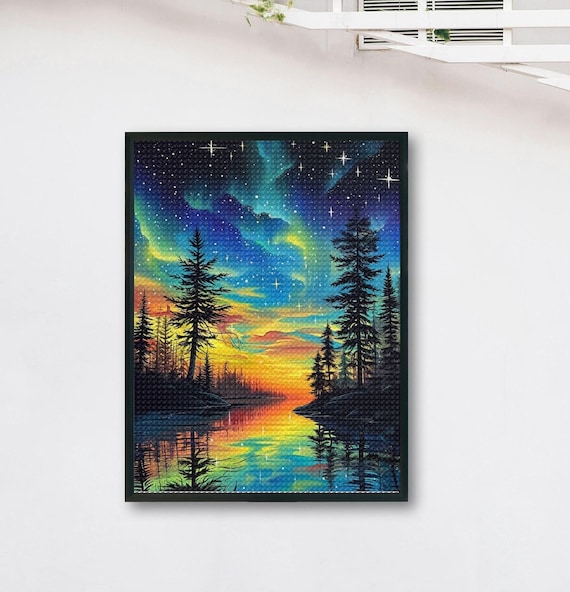 Starry Night Lake with Shimmering Aurora and Tall Pine Trees Poster