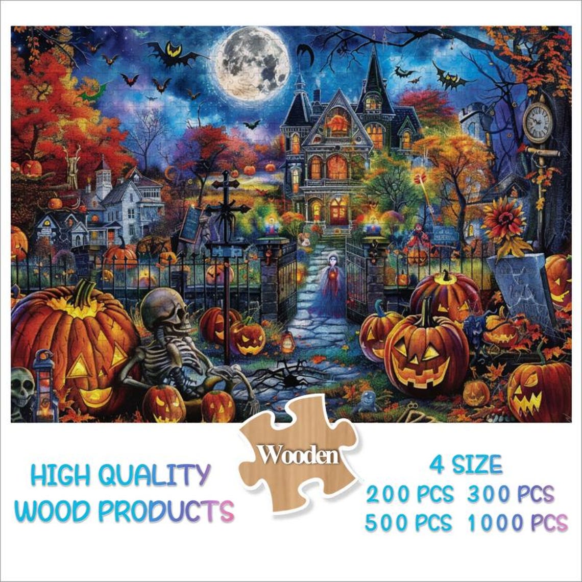 Halloween Haunted House Pumpkins Ghosts Moonlit Night Art Poster - Image 3