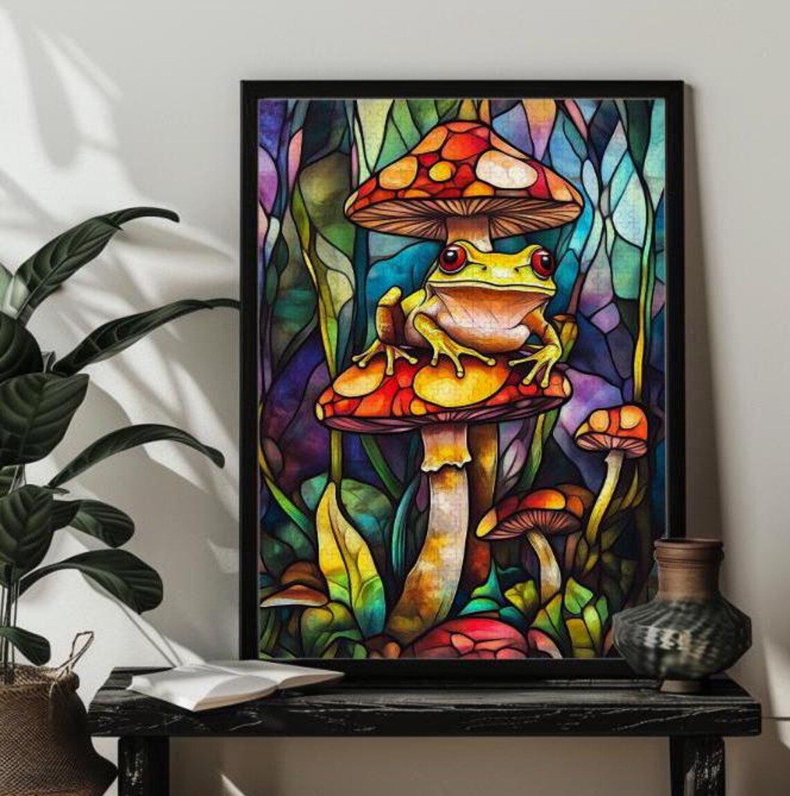 Stained Glass Frog Mushroom Art Puzzle, Green Frog - Image 4