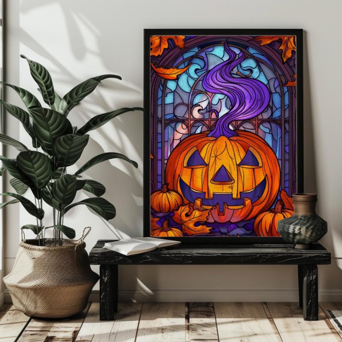 Halloween Stained Glass Pumpkin Jigsaw Puzzle Art Print - Image 4