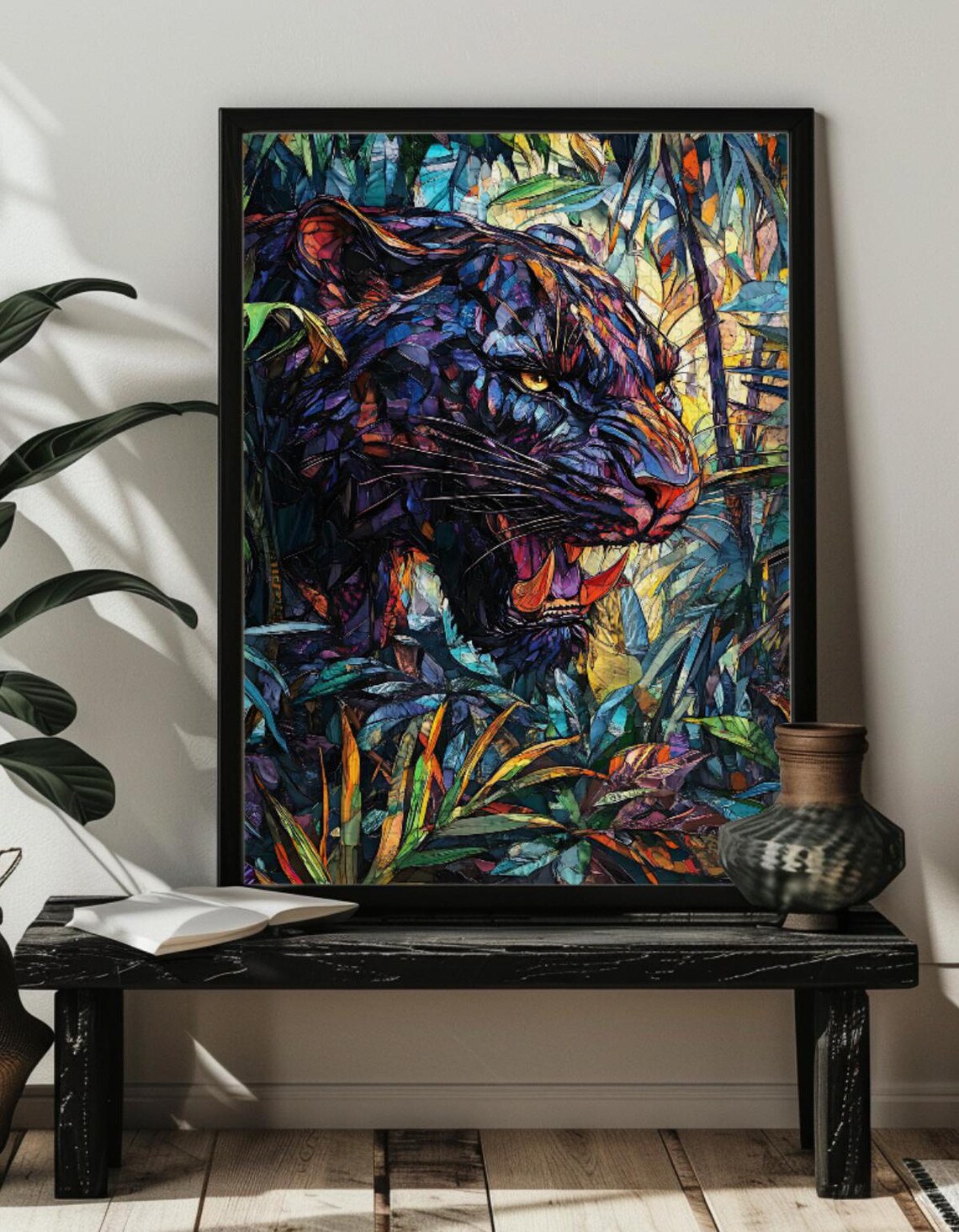 Stained Glass Black Panther Face with Pink Roses Feline Poster - Image 4