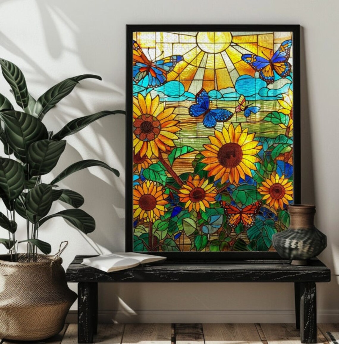 Sunflower Butterfly Stained Glass Art Print