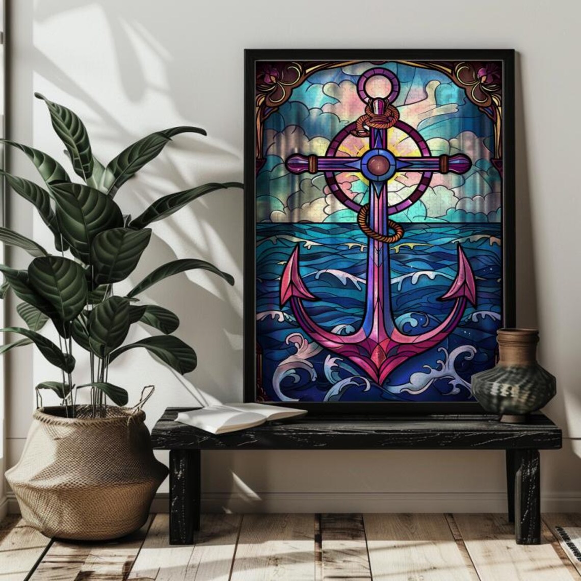 Golden Anchor Stained Glass Nautical Ocean Window Art Poster - Image 3