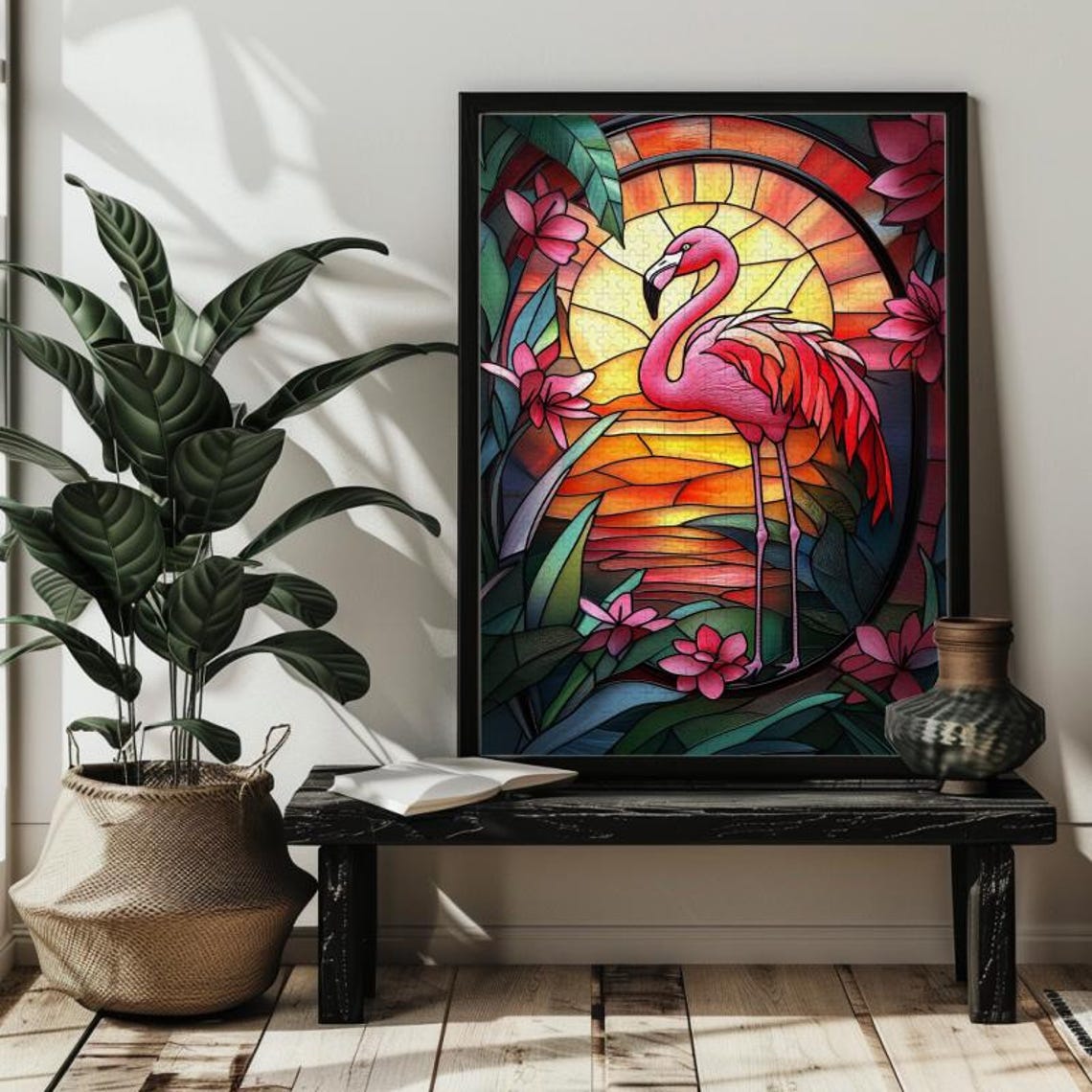 Stained Glass Flamingo Jungle Art Print - Image 2