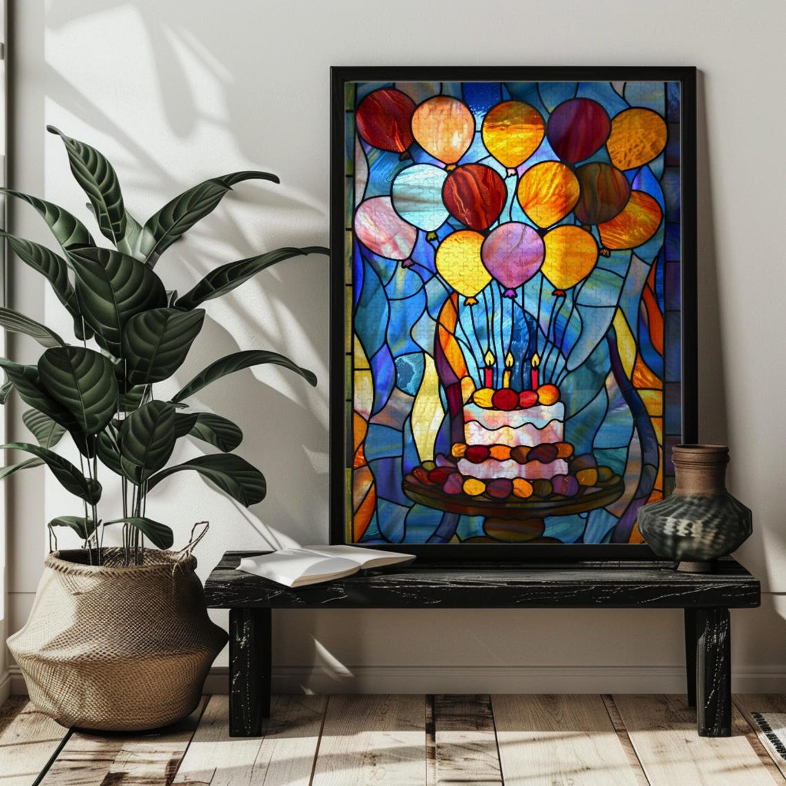 Birthday Cake with Candles and Balloons Stained Glass Poster - Image 2