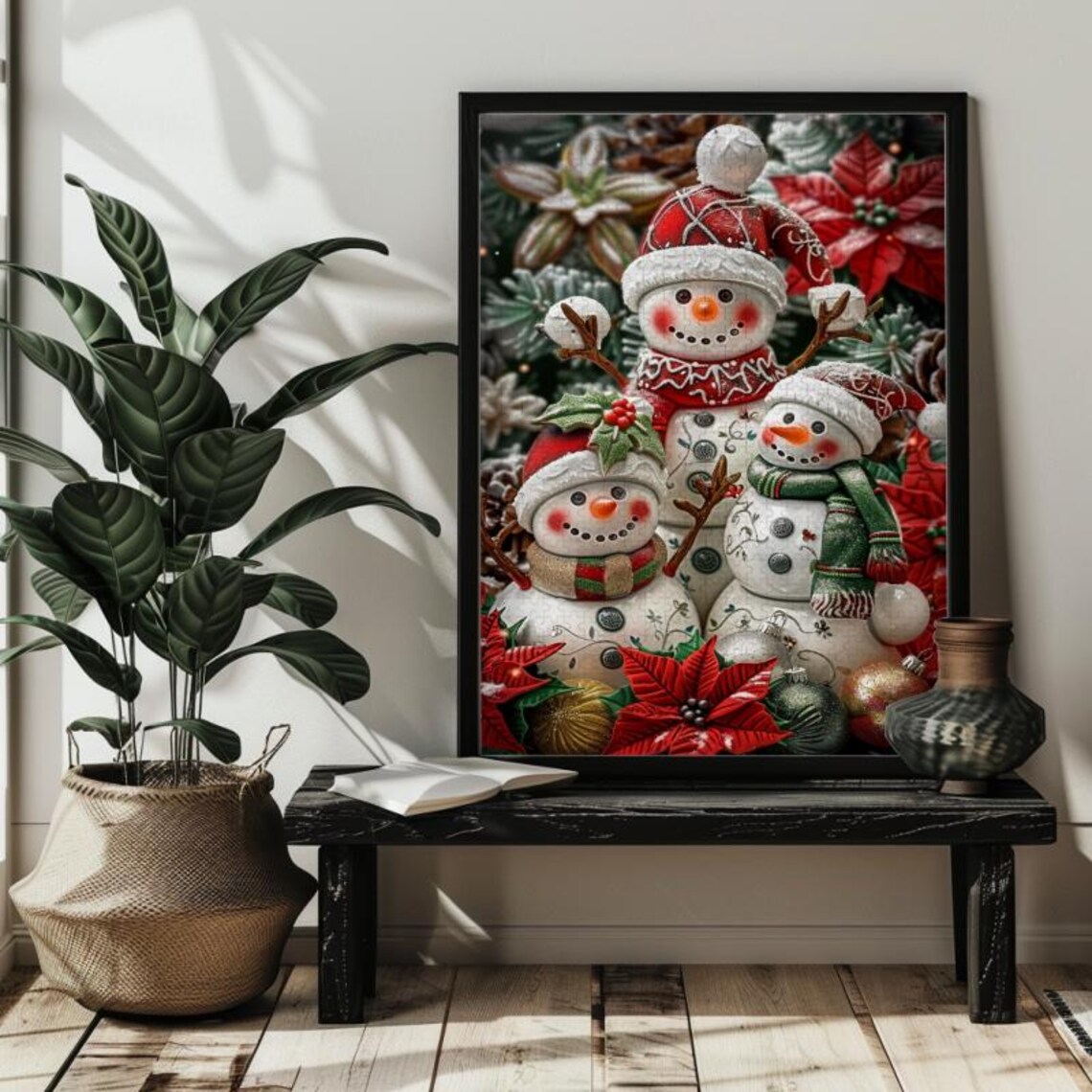 Happy Snowman Family with Poinsettias for Christmas Holiday Poster - Image 2