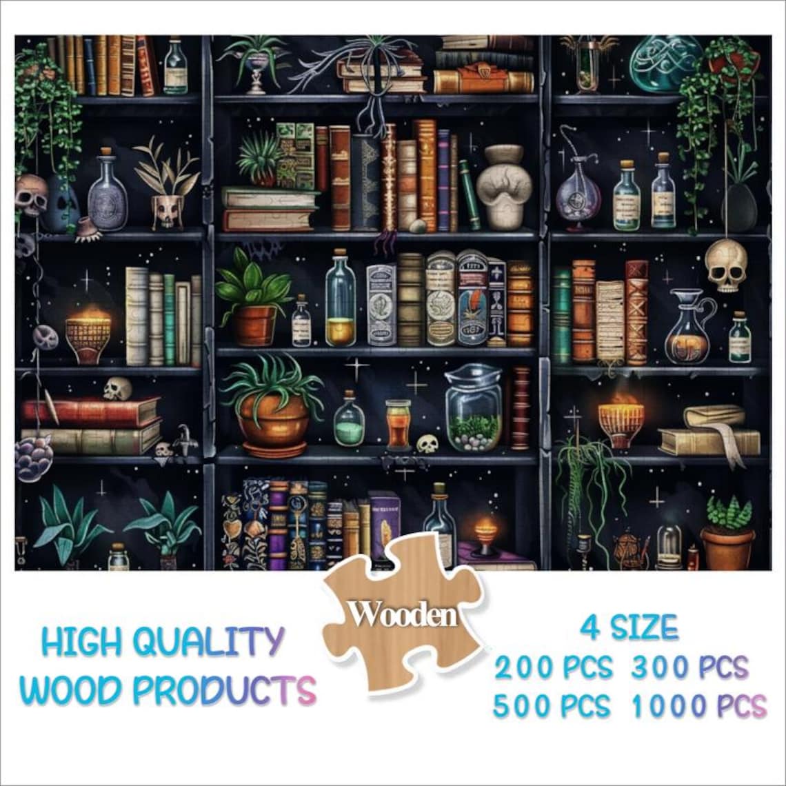 Spooky Halloween Bookshelf with Spell Bottles and Skulls Poster - Image 4