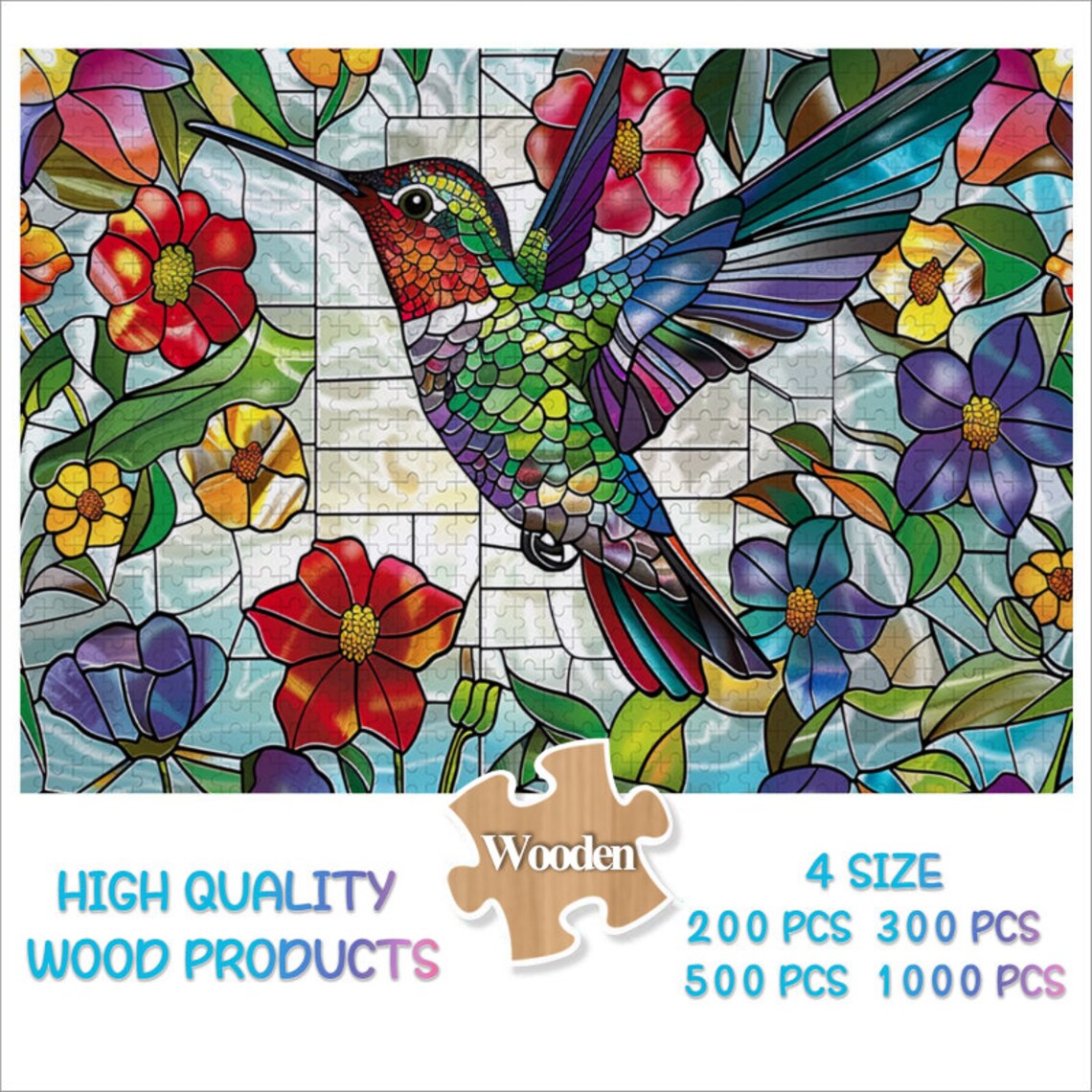 Stained Glass Hummingbird in Flowers Art Print