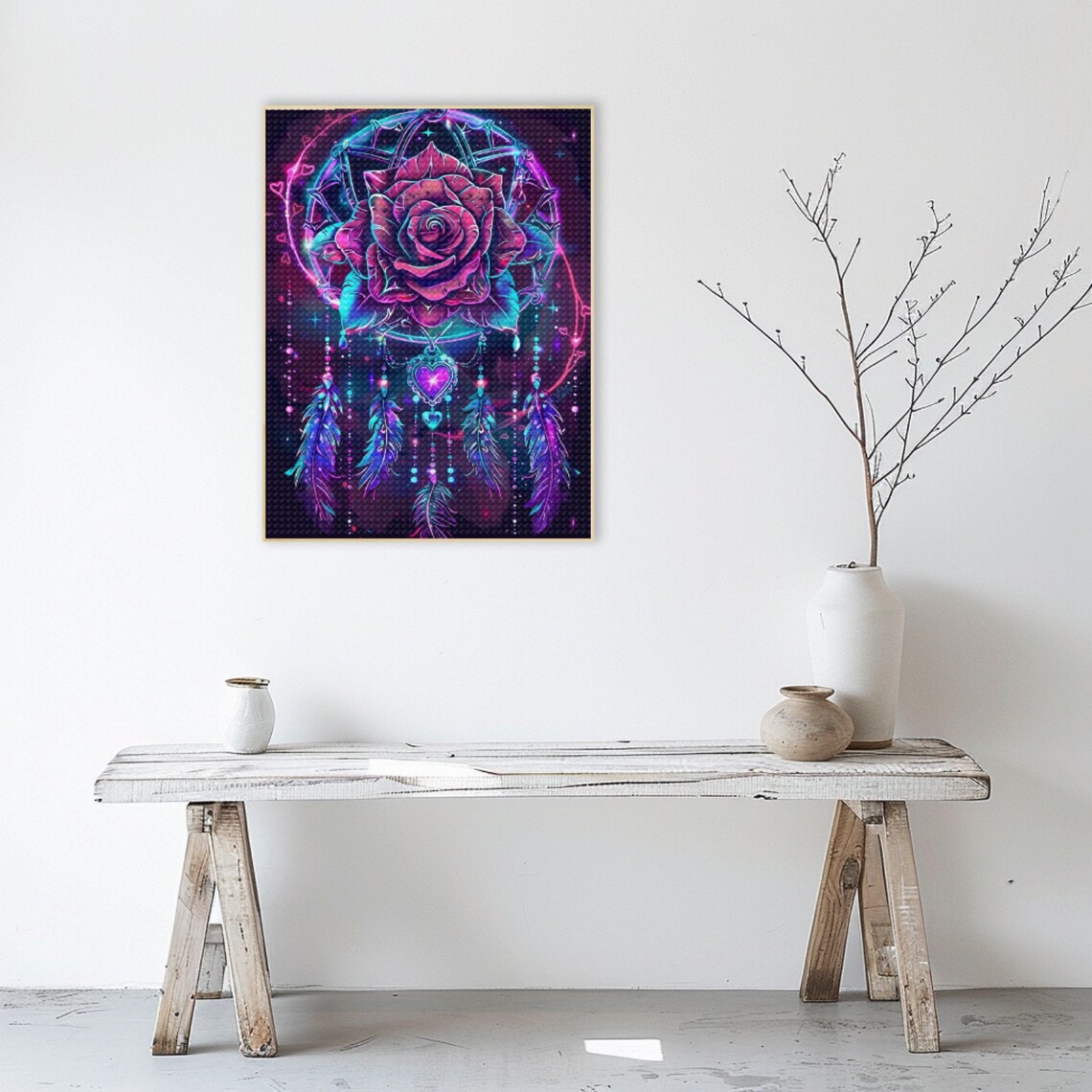 Neon Dreamcatcher with Purple Rose Cosmic Night Floral Poster - Image 2