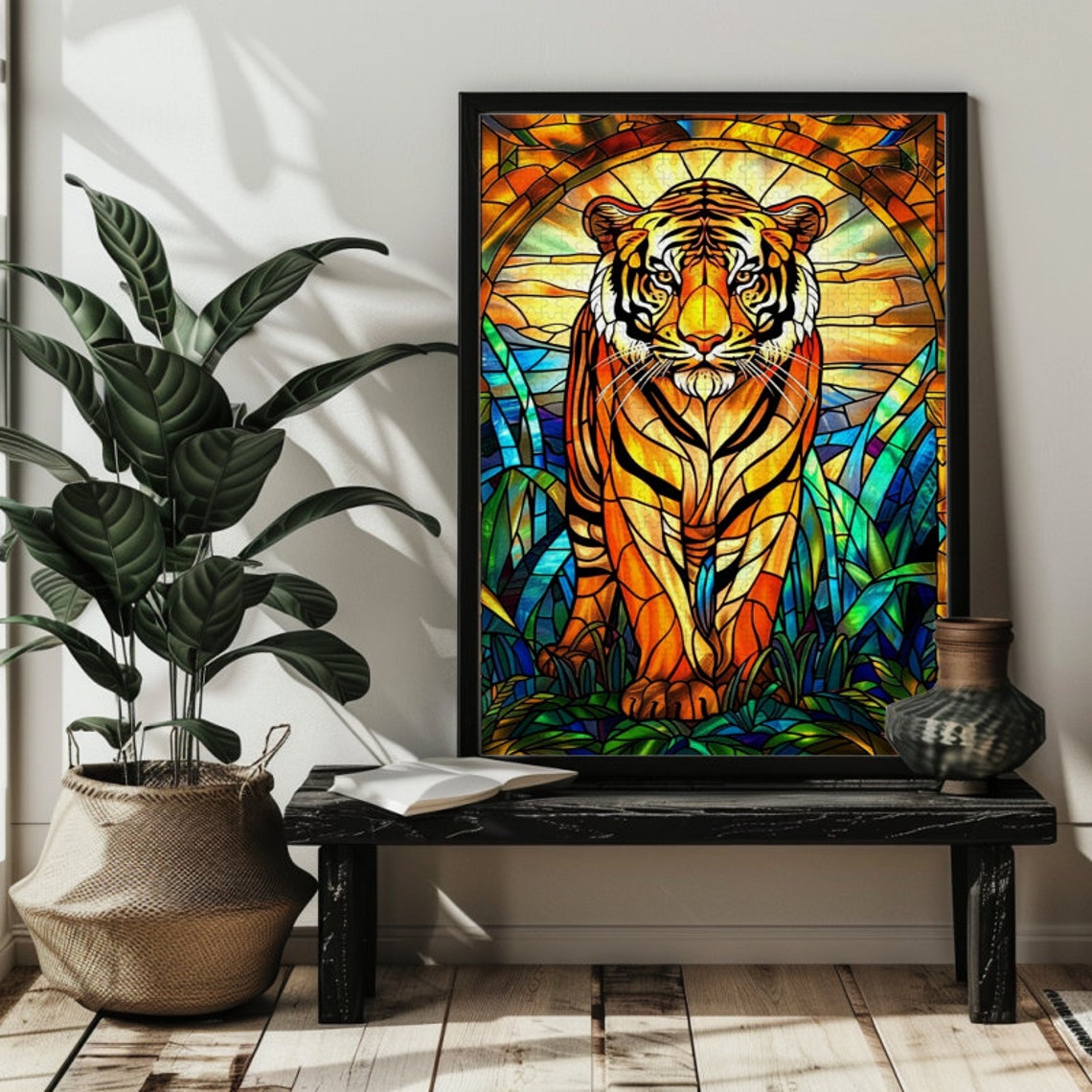 Majestic Orange Tiger Prowling in Stained Glass Jungle Scene Poster - Image 2