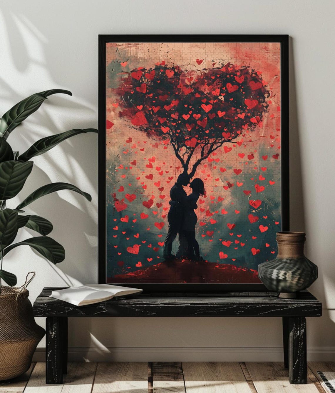 Romantic Couple Silhouette Under a Tree of Red Hearts Poster