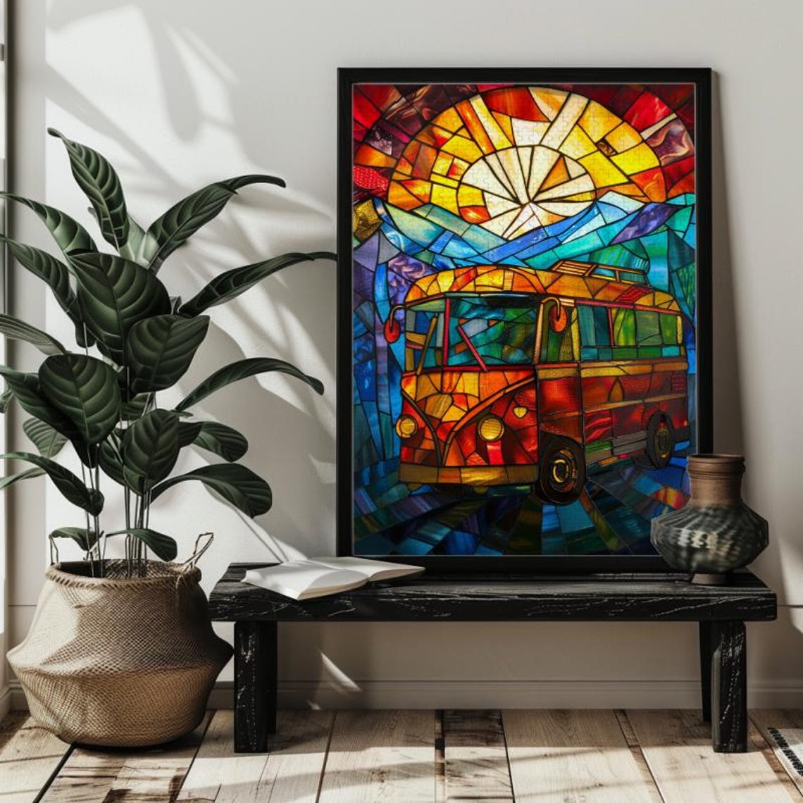 Retro Hippie Van Road Trip beneath a Stained Glass Sunset Poster - Image 2