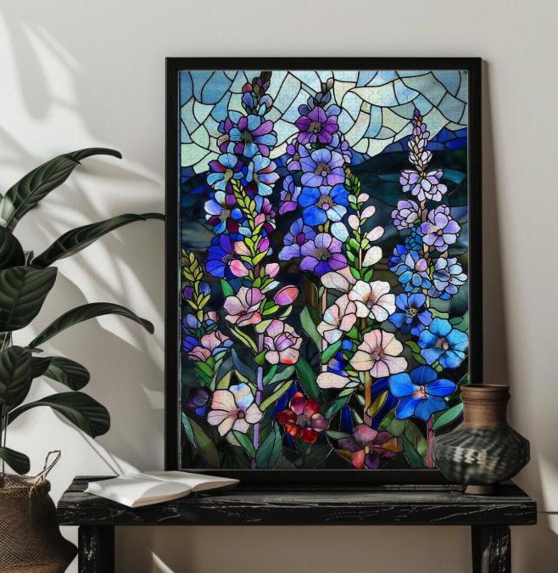 Stained Glass Lavender Delphiniums Art Print - Image 2
