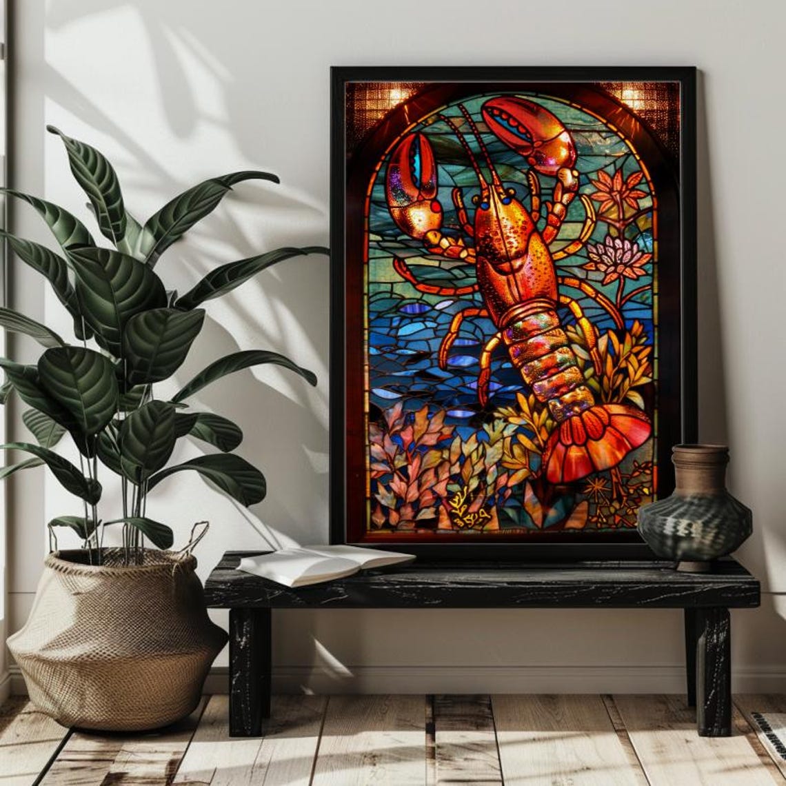 Bold Red Lobster in a Stained Glass Underwater Coastal Scene Poster - Image 4