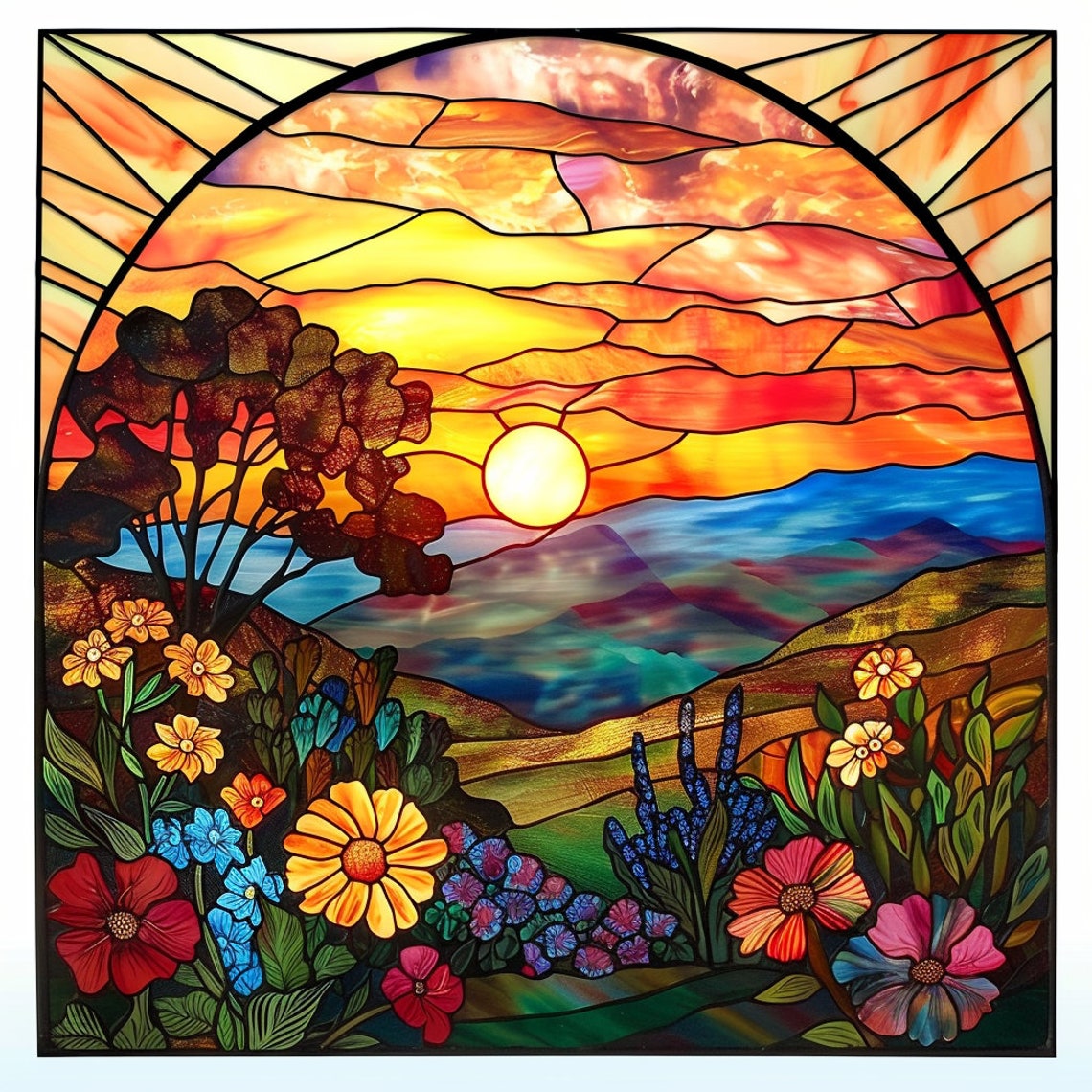 Stained Glass Sunset Over Rolling Hills Floral Window Art Poster - Image 2