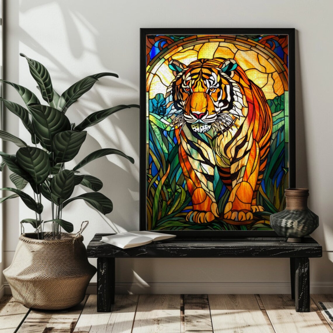 Majestic Orange Tiger Prowling in Stained Glass Jungle Scene Poster - Image 3