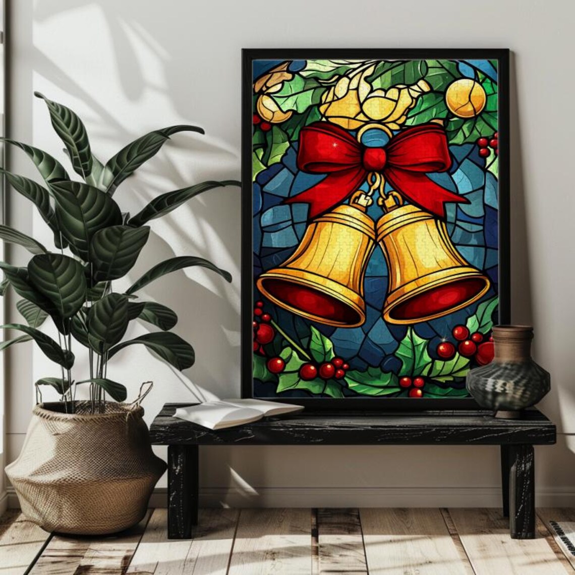Christmas Bells With Red Bow Holly Stained Glass Style Art Poster - Image 3