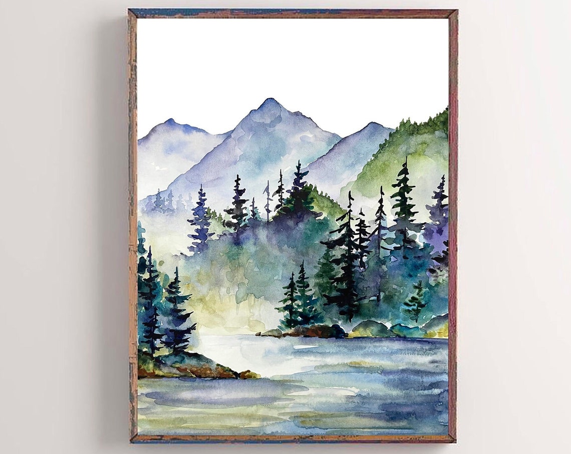 Misty Blue Mountain Lake Pine Forest Watercolor Calm Art Poster