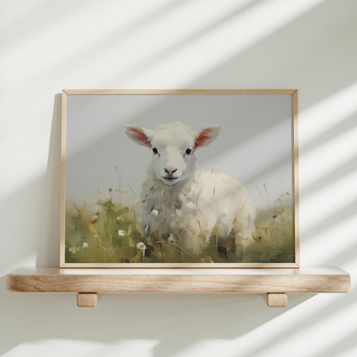 Cute White Baby Lamb in Meadow Soft Watercolor Nursery Poster