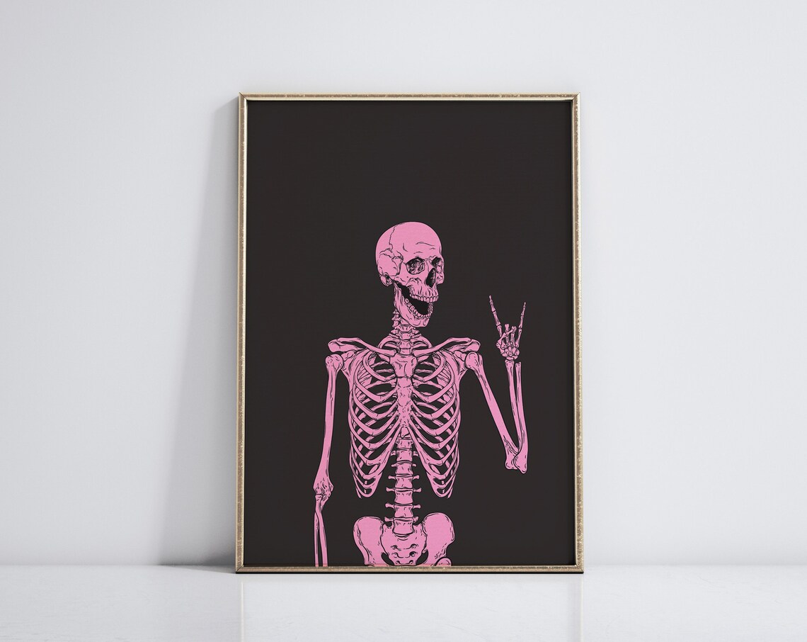 Pink Halloween Skeleton Peace Sign Funny Art Print - Image 2