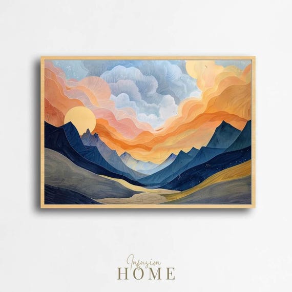 Golden Sunrise Mountain Print Abstract Indigo Landscape