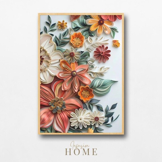 Coral Peach Floral Paper Quilling 3D Flower Bouquet Art Poster