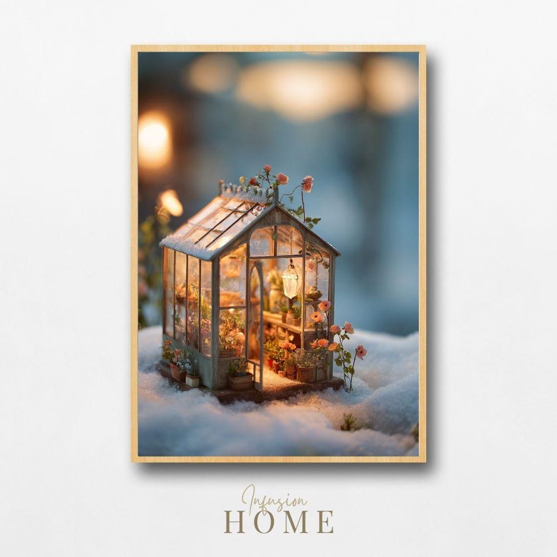 Miniature Greenhouse Glowing In Snow Winter Flowers Lantern Poster
