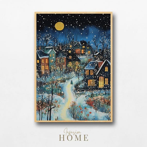 Winter Village Art Print Moonlit Snow Path Cozy Cottage