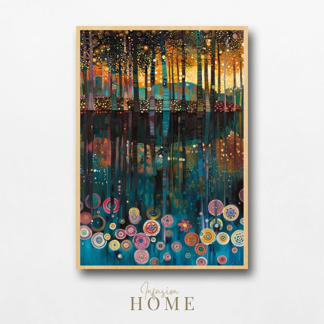 Whimsical Twilight Forest Mystical Trees Colorful Flower Art Poster