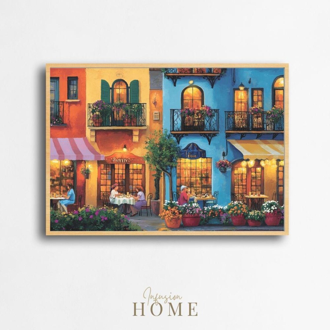 European Cafe Street Colorful Flower Balconies Evening Poster