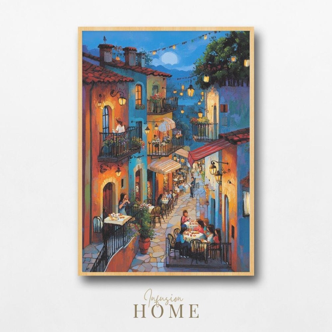 Moonlit Village Street Cafe Night Diners Lanterns European Poster