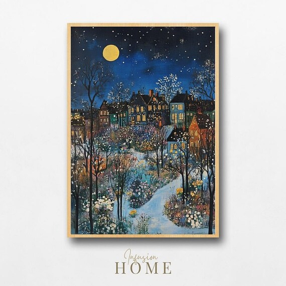 Moonlit Winter Village Cottages Whimsical Night Scene Art Poster
