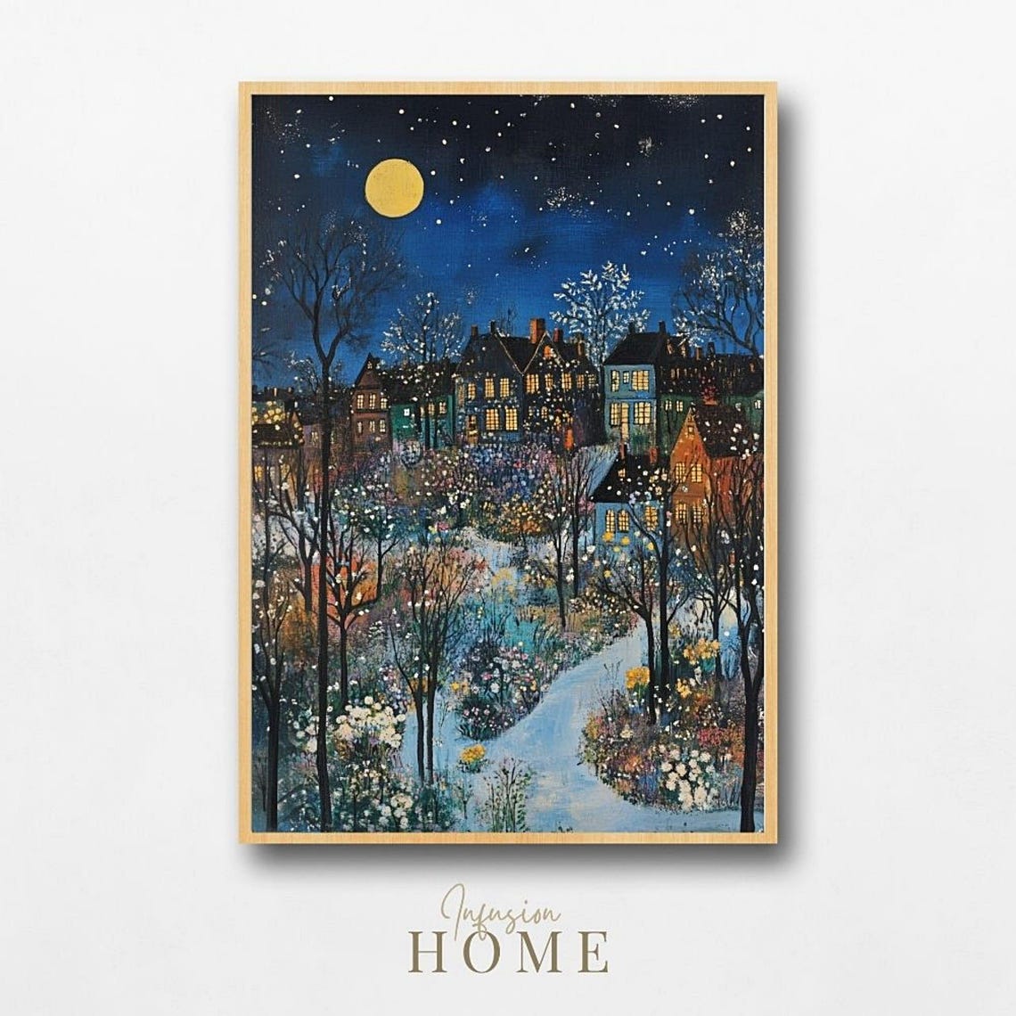 Moonlit Winter Village Cottages Whimsical Night Scene Art Poster