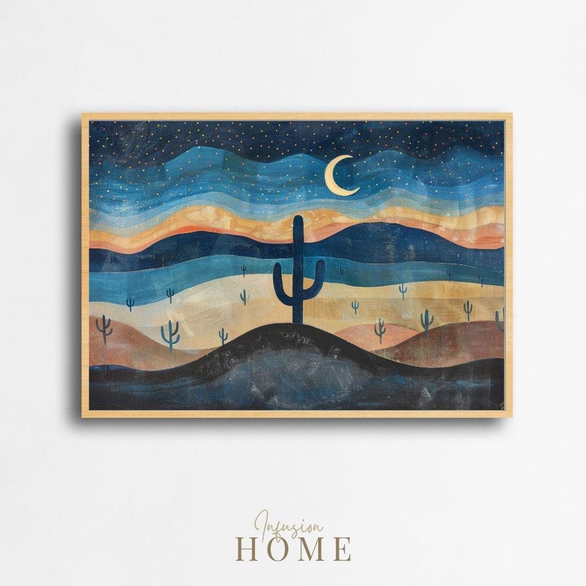 Desert Night Sky Crescent Moon Saguaro Cactus Starry Art Print