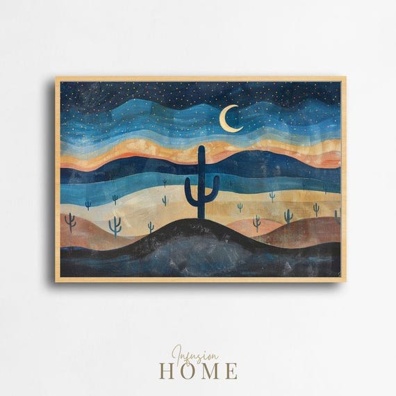 Desert Nightscape Art Print Crescent Moon Cactus